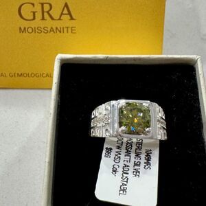 Men's Green Moissanite Ring • Greek Key Design • Adjustable • New w/ Box • GRA